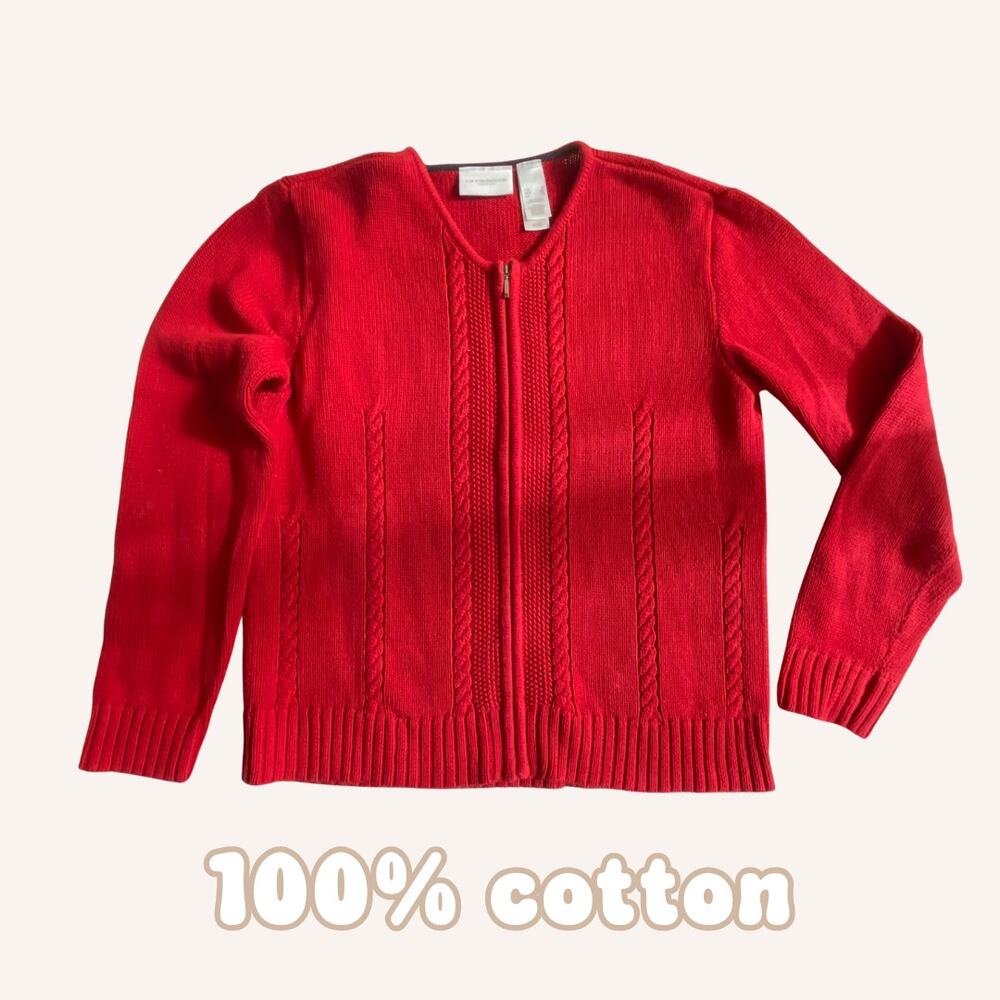 LIZ CLAIBORNE sweater red cable knit zip up cardigan cotton Lizsport S